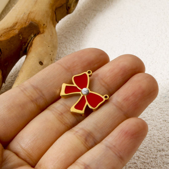 Bild von 1 Stück Umweltfreundliche PVD-Vakuumbeschichtung 304 Edelstahl Kleidung Steckverbinder Charms Anhänger Schleife 18K Vergoldet Rot Emaille 18mm x 16.5mm