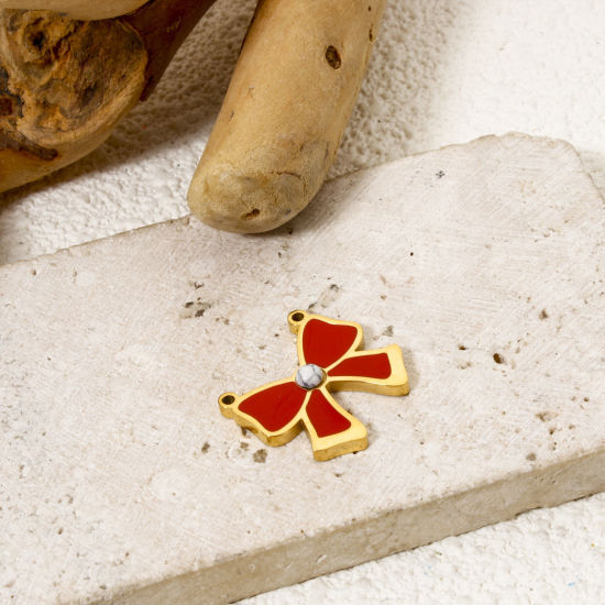 Bild von 1 Stück Umweltfreundliche PVD-Vakuumbeschichtung 304 Edelstahl Kleidung Steckverbinder Charms Anhänger Schleife 18K Vergoldet Rot Emaille 18mm x 16.5mm