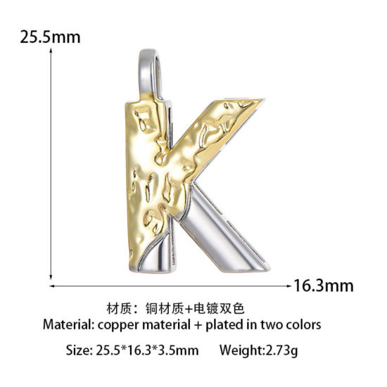 Picture of 1 Piece Brass Hammered Charms 14K Gold Plated & Platinum Plated Two Tone Capital Alphabet Initial Letter Message " K " 25.5mm x 16.3mm