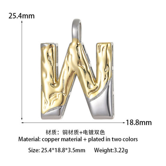 Picture of 1 Piece Brass Hammered Charms 14K Gold Plated & Platinum Plated Two Tone Capital Alphabet Initial Letter Message " W " 25.4mm x 18.8mm