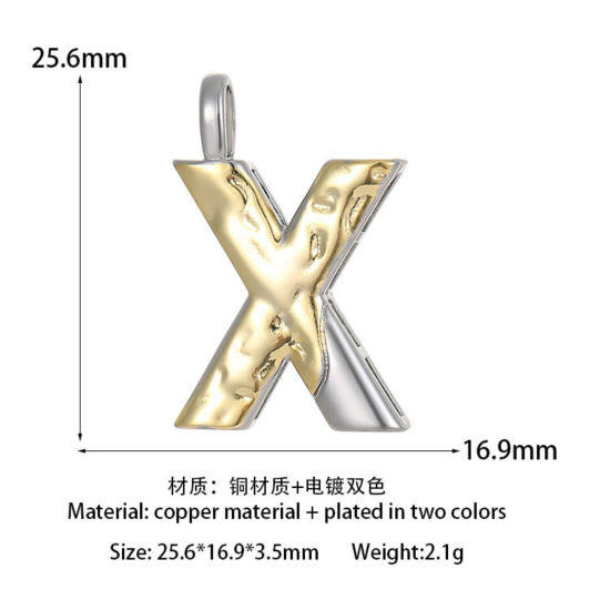 Picture of 1 Piece Brass Hammered Charms 14K Gold Plated & Platinum Plated Two Tone Capital Alphabet Initial Letter Message " X " 25.6mm x 16.9mm