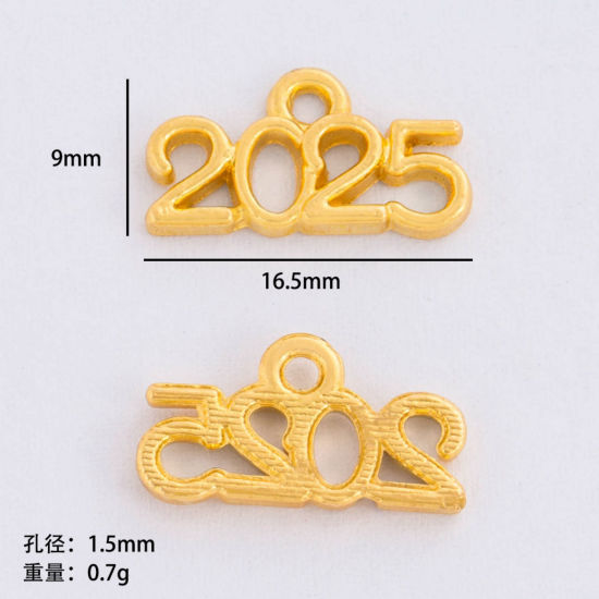 Picture of 50 PCs Zinc Based Alloy Year Charms Gold Plated Number Message " 2025 " Hollow 16.5mm x 9mm