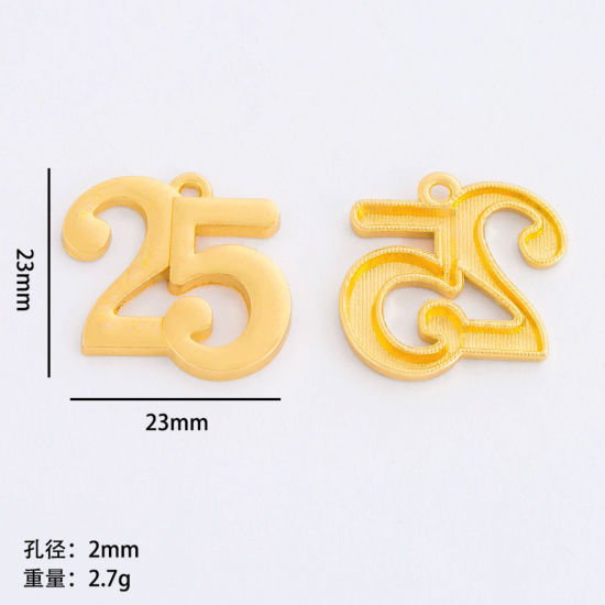 Picture of 50 PCs Zinc Based Alloy Year Charms Gold Plated Number Message " 25 " Hollow 23mm x 23mm