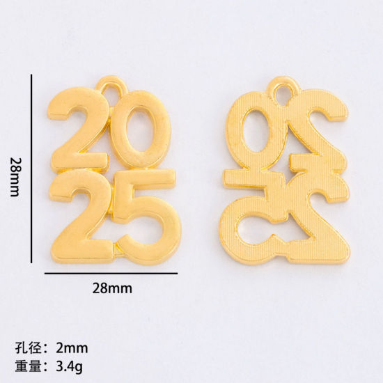 Picture of 50 PCs Zinc Based Alloy Year Charms Gold Plated Number Message " 2025 " Hollow 28mm x 28mm