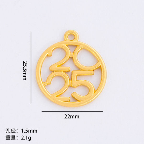 Picture of 50 PCs Zinc Based Alloy Year Charms Gold Plated Round Number Message " 2025 " Hollow 25.5mm x 22mm