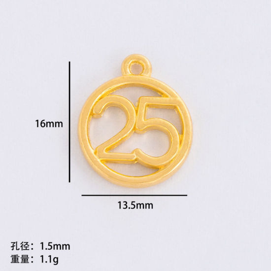 Picture of 50 PCs Zinc Based Alloy Year Charms Gold Plated Round Number Message " 25 " Hollow 16mm x 13.5mm