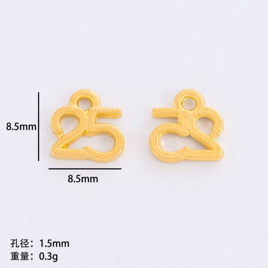 Picture of 50 PCs Zinc Based Alloy Year Charms Gold Plated Number Message " 25 " Hollow 8.5mm x 8.5mm