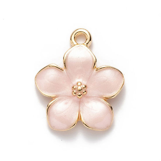 Picture of 10 PCs Zinc Based Alloy Charms Gold Plated Pink Pearlized Flower Enamel 27mm x 25mm