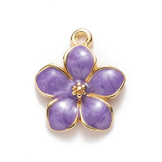 Picture of 10 PCs Zinc Based Alloy Charms Gold Plated Purple Pearlized Flower Enamel 27mm x 25mm