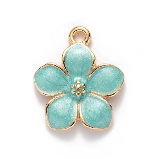 Picture of 10 PCs Zinc Based Alloy Charms Gold Plated Blue Pearlized Flower Enamel 27mm x 25mm