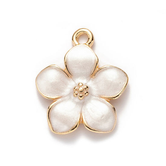 Picture of 10 PCs Zinc Based Alloy Charms Gold Plated White Pearlized Flower Enamel 27mm x 25mm