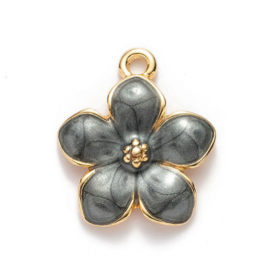 Picture of 10 PCs Zinc Based Alloy Charms Gold Plated Black Pearlized Flower Enamel 27mm x 25mm