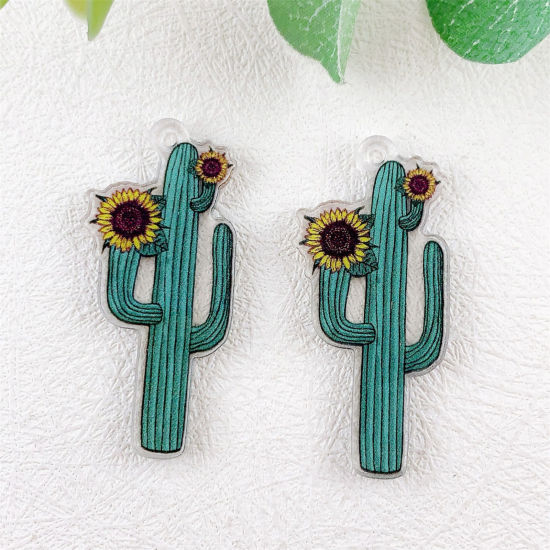 Image de 10 Pcs Pendentifs en Acrylique Cowboy de l'Ouest Cactus Fleurs de Soleil Multicolore Double Face 4.4cm x 2.1cm