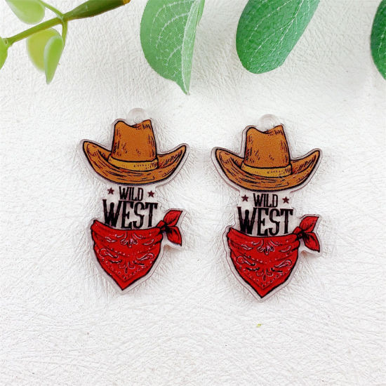 Image de 10 Pcs Pendentifs en Acrylique Cowboy de l'Ouest Chapeau Multicolore Double Face 4.5cm x 2.6cm