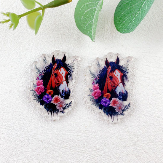 Image de 10 Pcs Pendentifs en Acrylique Cowboy de l'Ouest Fleur Cheval Multicolore Double Face 4cm x 2.6cm