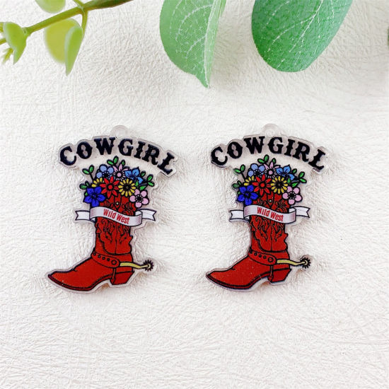 Image de 10 Pcs Pendentifs en Acrylique Cowboy de l'Ouest Boots Fleurs Multicolore Double Face 4cm x 2.8cm