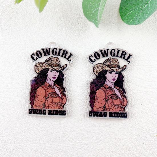 Image de 10 Pcs Pendentifs en Acrylique Cowboy de l'Ouest Fille Multicolore Double Face 4.3cm x 2.5cm