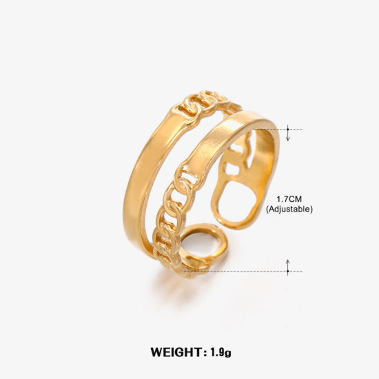 1 Piece Eco-friendly Vacuum Plating 304 Stainless Steel Open Adjustable Rings 18K Gold Plated Link Chain 17mm(US Size 6.5) の画像