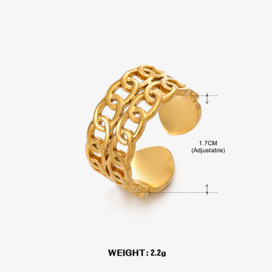 1 Piece Eco-friendly Vacuum Plating 304 Stainless Steel Open Adjustable Rings 18K Gold Plated Link Chain 17mm(US Size 6.5) の画像