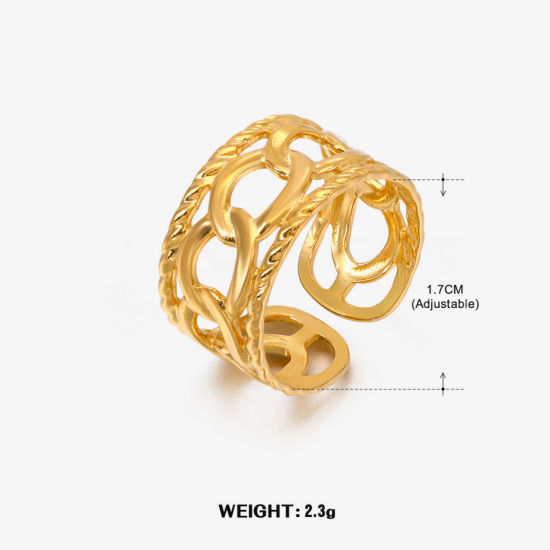 1 Piece Eco-friendly Vacuum Plating 304 Stainless Steel Open Adjustable Rings 18K Gold Plated Link Chain 17mm(US Size 6.5) の画像