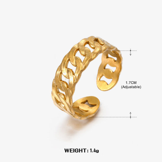 1 Piece Eco-friendly Vacuum Plating 304 Stainless Steel Open Adjustable Rings 18K Gold Plated Link Chain 17mm(US Size 6.5) の画像