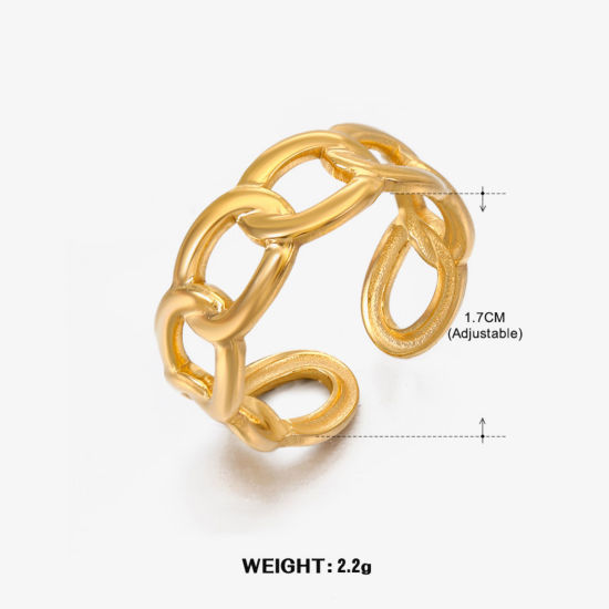1 Piece Eco-friendly Vacuum Plating 304 Stainless Steel Open Adjustable Rings 18K Gold Plated Link Chain 17mm(US Size 6.5) の画像