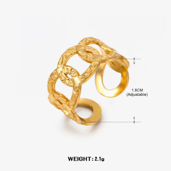 1 Piece Eco-friendly Vacuum Plating 304 Stainless Steel Open Adjustable Rings 18K Gold Plated Link Chain 17mm(US Size 6.5) の画像