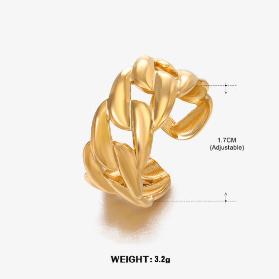 1 Piece Eco-friendly Vacuum Plating 304 Stainless Steel Open Adjustable Rings 18K Gold Plated Link Chain 17mm(US Size 6.5) の画像
