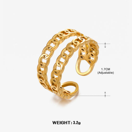 1 Piece Eco-friendly Vacuum Plating 304 Stainless Steel Open Adjustable Rings 18K Gold Plated Link Chain 17mm(US Size 6.5) の画像