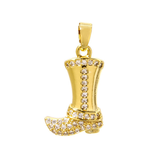 Picture of 2 PCs Brass West Cowboy Charm Pendant 18K Real Gold Plated Boots Micro Pave Clear Cubic Zirconia 23mm x 12mm