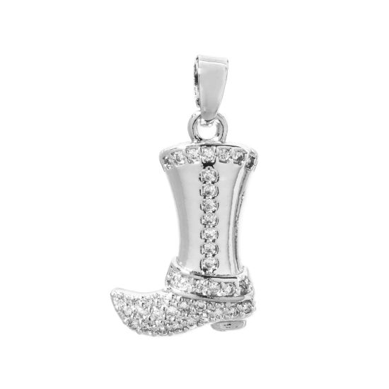 Picture of 2 PCs Brass West Cowboy Charm Pendant Real Platinum Plated Boots Micro Pave Clear Cubic Zirconia 23mm x 12mm