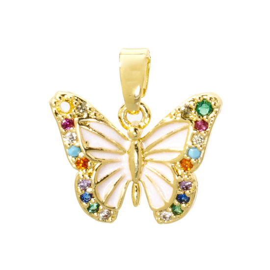 Picture of 2 PCs Brass Charm Pendant 18K Gold Plated White Butterfly Animal Enamel Multicolour Cubic Zirconia 17mm x 16mm