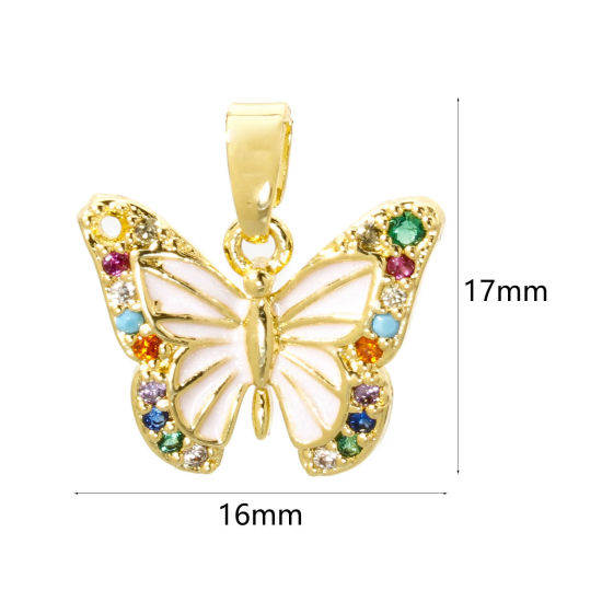 Picture of 2 PCs Brass Charm Pendant 18K Gold Plated White Butterfly Animal Enamel Multicolour Cubic Zirconia 17mm x 16mm