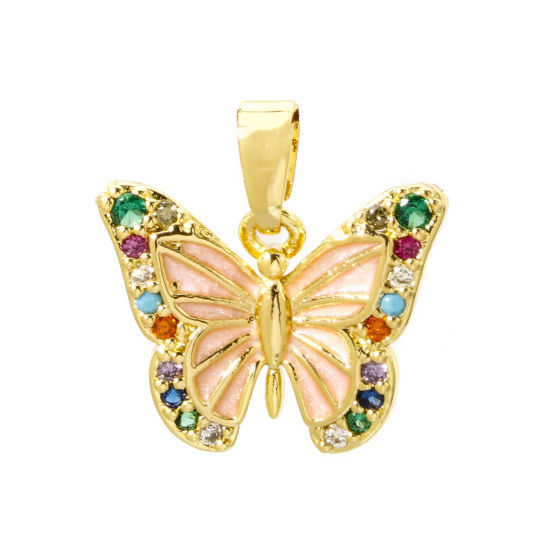 Picture of 2 PCs Brass Charm Pendant 18K Gold Plated Pink Butterfly Animal Enamel Multicolour Cubic Zirconia 17mm x 16mm