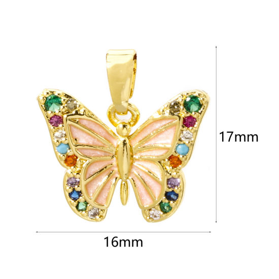 Picture of 2 PCs Brass Charm Pendant 18K Gold Plated Pink Butterfly Animal Enamel Multicolour Cubic Zirconia 17mm x 16mm