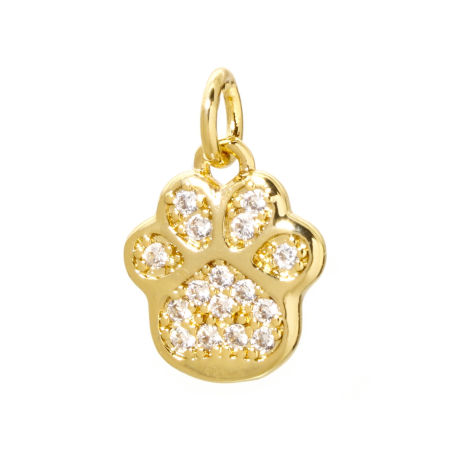 Picture of 2 PCs Brass Pet Memorial Charms 18K Real Gold Plated Dog Paw Claw Micro Pave Clear Cubic Zirconia 16mm x 11mm
