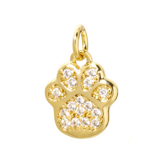 Picture of 2 PCs Brass Pet Memorial Charms 18K Gold Plated Dog Paw Claw Micro Pave Clear Cubic Zirconia 16mm x 11mm