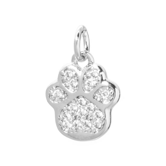 Picture of 2 PCs Brass Pet Memorial Charms Platinum Plated Dog Paw Claw Micro Pave Clear Cubic Zirconia 16mm x 11mm