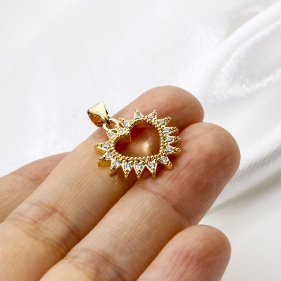 Immagine di 2 Pz Ottone San Valentino Ciondoli Pendenti 18K Vero Oro Placcato Cuore Filigrana Trasparente Cubic Zirconiae 22mm x 17mm