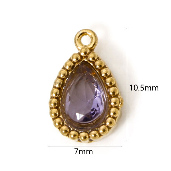 Изображение 5 PCs Eco-friendly Vacuum Plating 304 Stainless Steel Geometric Charms 18K Real Gold Plated Drop Purple Cubic Zirconia 10.5mm x 7mm