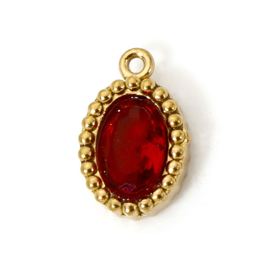 Picture of 5 PCs Eco-friendly Vacuum Plating 304 Stainless Steel Mini Charms 18K Real Gold Plated Oval Red Rhinestone 10mm x 6.5mm