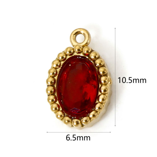 Picture of 5 PCs Eco-friendly Vacuum Plating 304 Stainless Steel Mini Charms 18K Real Gold Plated Oval Red Rhinestone 10mm x 6.5mm