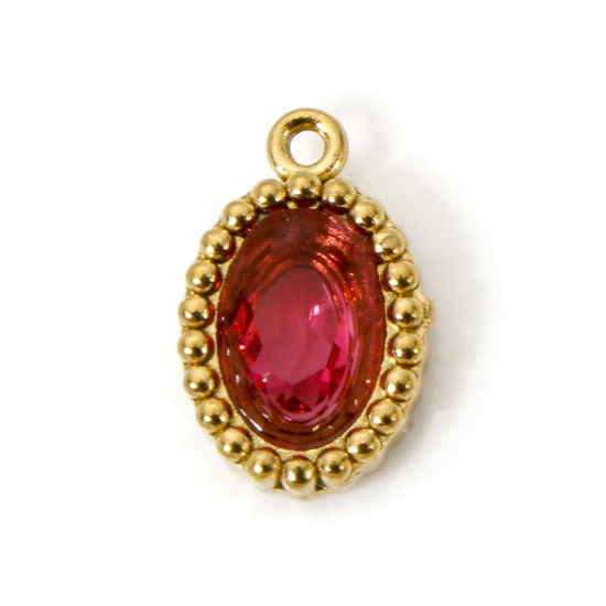 Picture of 5 PCs Eco-friendly Vacuum Plating 304 Stainless Steel Mini Charms 18K Real Gold Plated Oval Fuchsia Rhinestone 10mm x 6.5mm