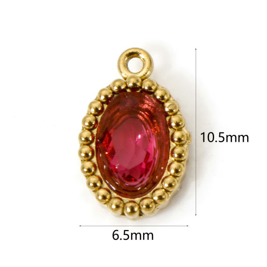 Picture of 5 PCs Eco-friendly Vacuum Plating 304 Stainless Steel Mini Charms 18K Real Gold Plated Oval Fuchsia Rhinestone 10mm x 6.5mm