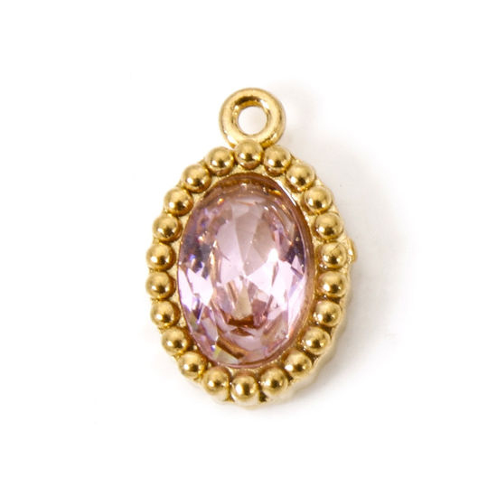 Picture of 5 PCs Eco-friendly Vacuum Plating 304 Stainless Steel Mini Charms 18K Real Gold Plated Oval Pink Rhinestone 10mm x 6.5mm