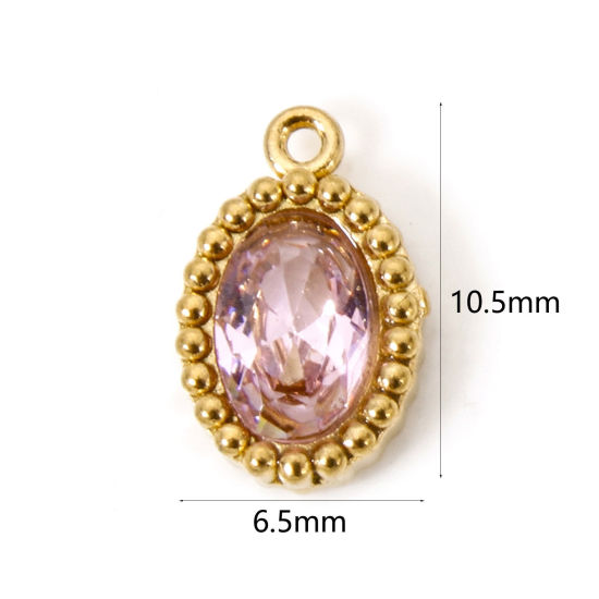 Picture of 5 PCs Eco-friendly Vacuum Plating 304 Stainless Steel Mini Charms 18K Real Gold Plated Oval Pink Rhinestone 10mm x 6.5mm