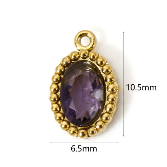 Picture of 5 PCs Eco-friendly Vacuum Plating 304 Stainless Steel Mini Charms 18K Real Gold Plated Oval Purple Rhinestone 10mm x 6.5mm