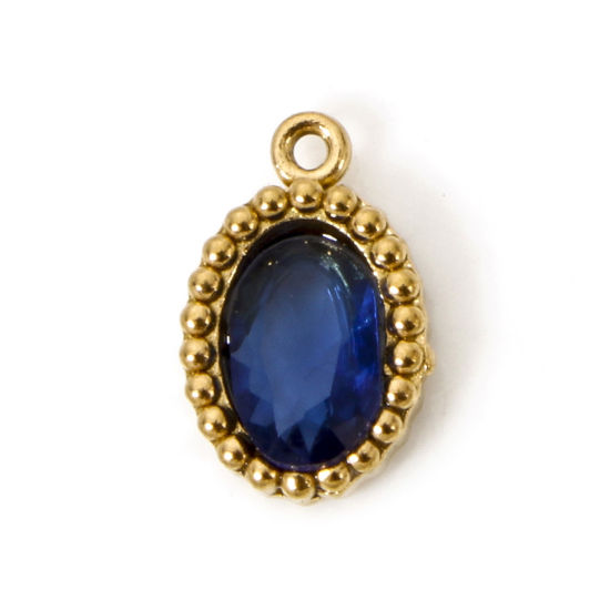 Picture of 5 PCs Eco-friendly Vacuum Plating 304 Stainless Steel Mini Charms 18K Real Gold Plated Oval Royal Blue Rhinestone 10mm x 6.5mm