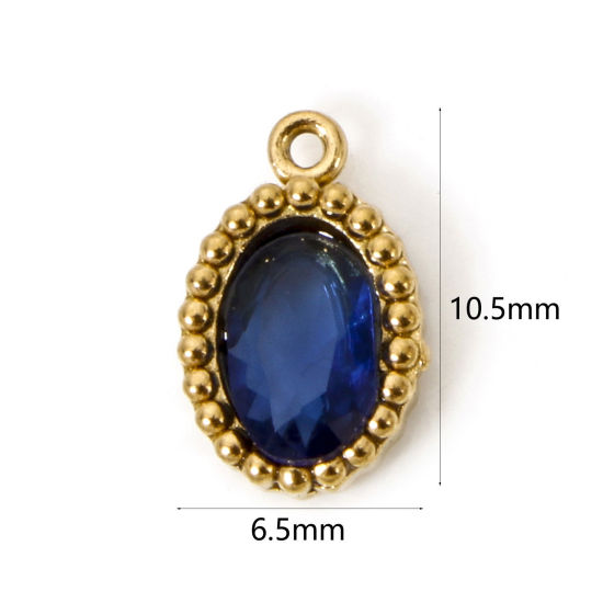 Picture of 5 PCs Eco-friendly Vacuum Plating 304 Stainless Steel Mini Charms 18K Real Gold Plated Oval Royal Blue Rhinestone 10mm x 6.5mm