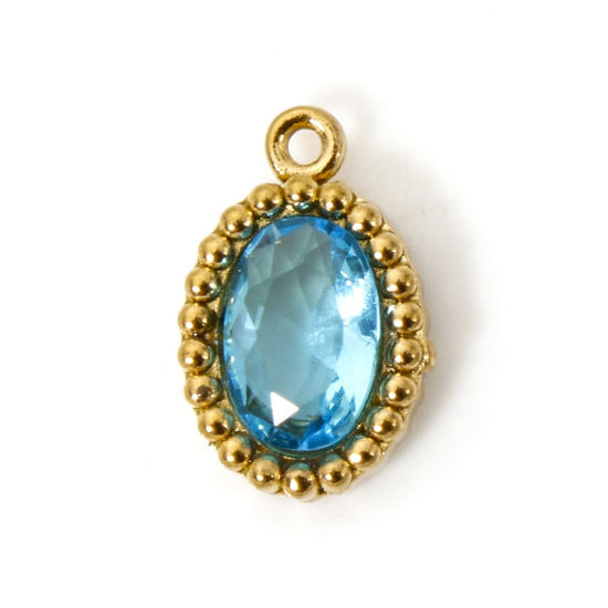 Picture of 5 PCs Eco-friendly Vacuum Plating 304 Stainless Steel Mini Charms 18K Real Gold Plated Oval Blue Rhinestone 10mm x 6.5mm
